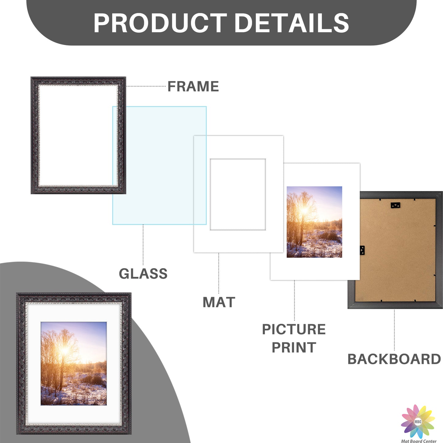11x14 Ornate Picture Frame With White Mat For 8x10 Pictures Black With Silver & Burgundy (10 Pcs per Box)