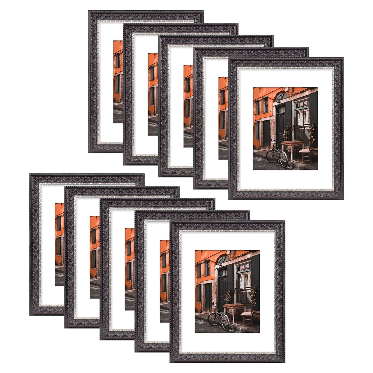 11x14 Picture Frame with White Mat for 8x10 Picture (10 Pcs Per Box) Black With Silver & Burgundy