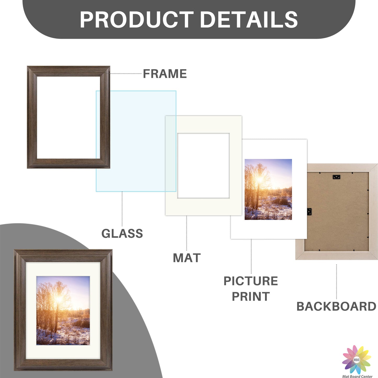 11x14 Picture Frame For 8x10 Picture With Ivory Mat & Real Glass Brown Color (8 Pcs Per Box)