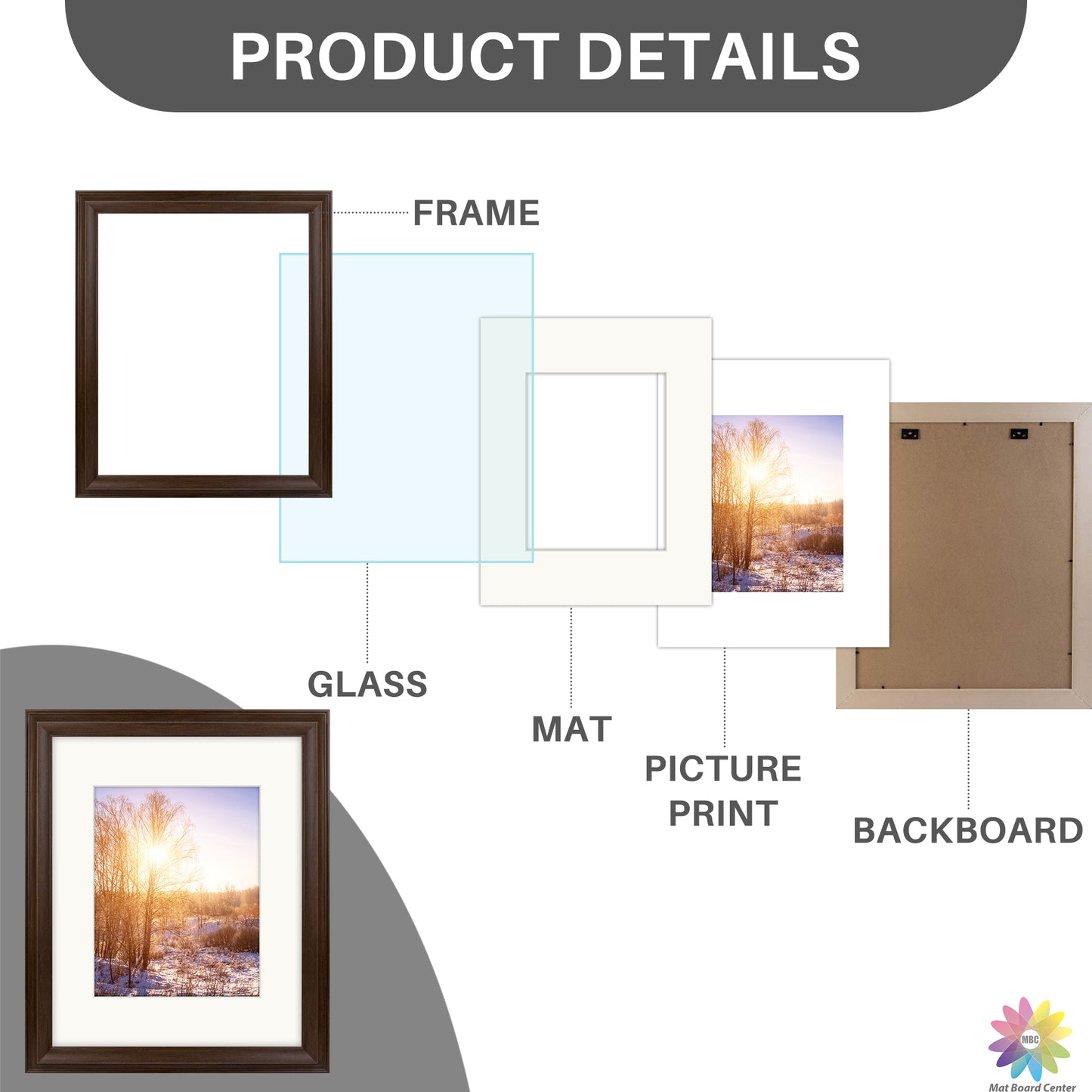 16x20 Picture Frame with 11x14 Ivory Picture Mat and Real Glass Brown Color (4 Pcs per Box)