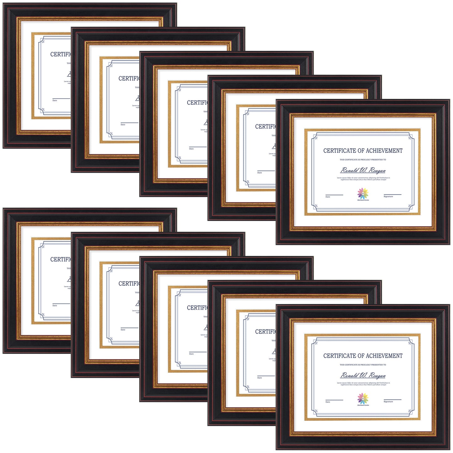 8x10 Diploma Frame for 6x8 with Double Mat and Real Glass Black Gold & Burgundy (10 Pcs per Box) White over Black Mat