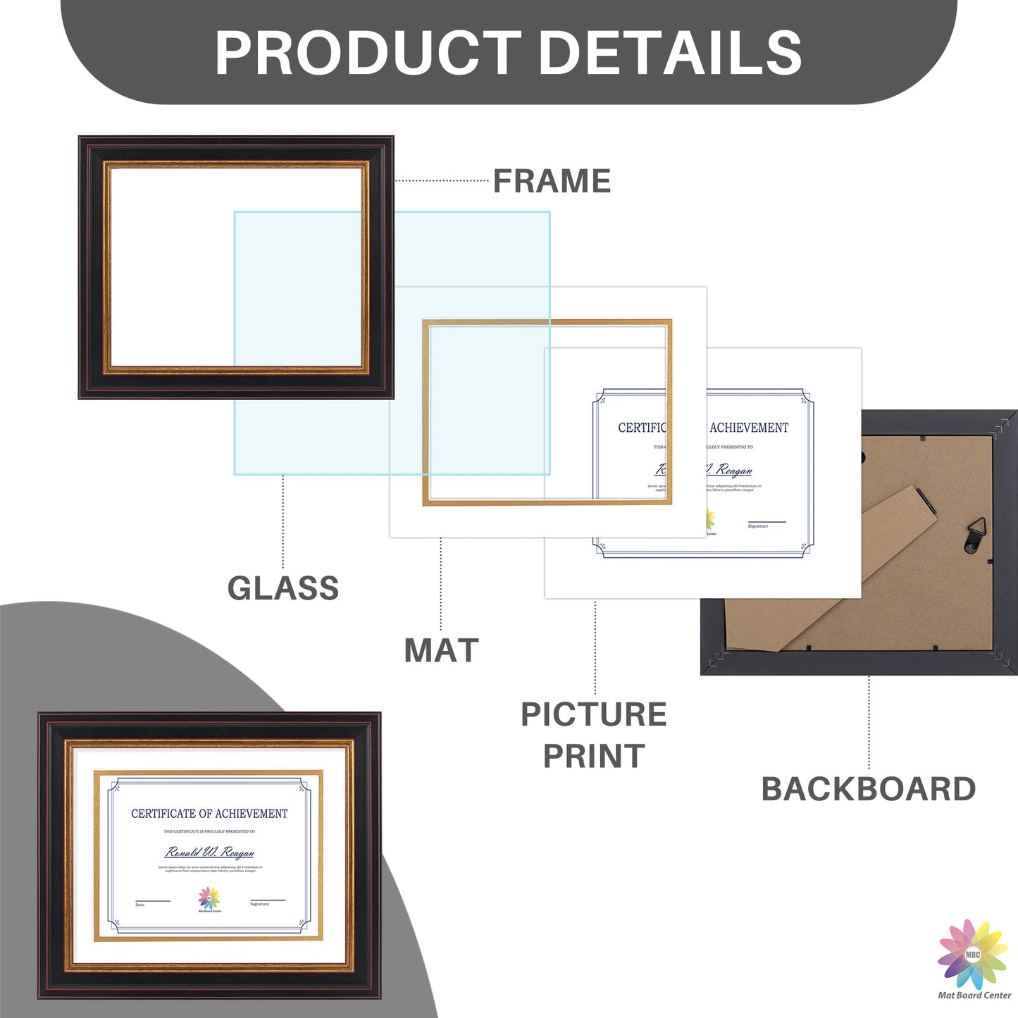 8x10 Diploma Frame for 6x8 with Double Mat and Real Glass Black Gold & Burgundy (10 Pcs per Box)