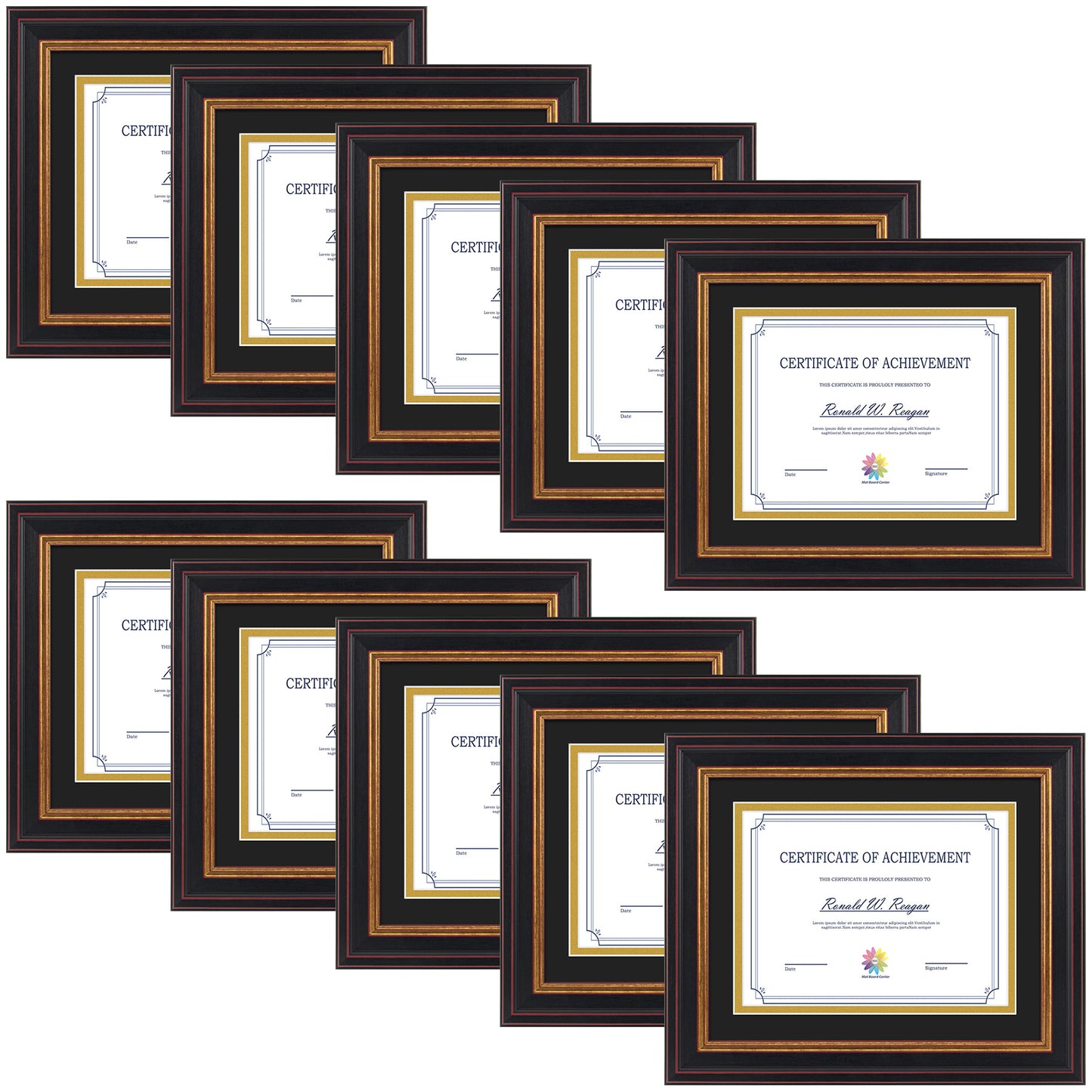 8x10 Diploma Frame for 6x8 with Double Mat and Real Glass Black Gold & Burgundy (10 Pcs per Box) Black Over Gold Mat