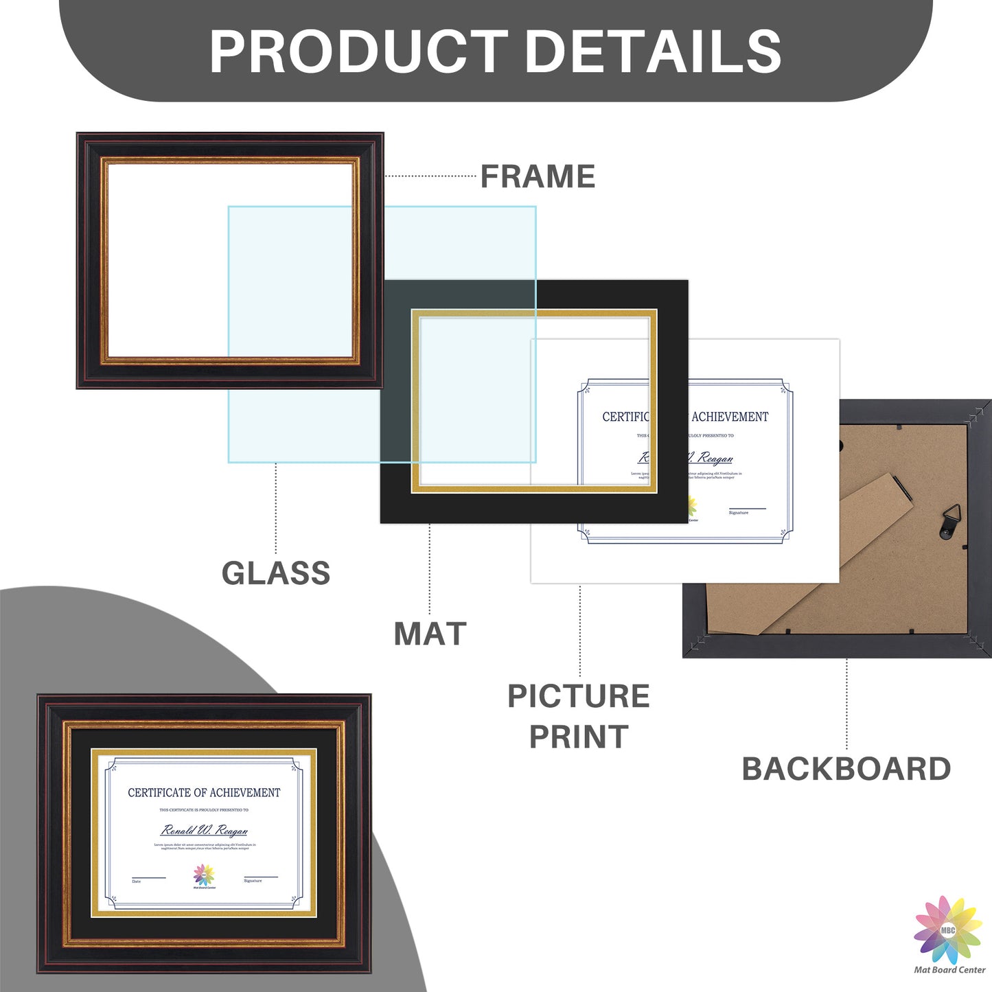 8x10 Diploma Frame for 6x8 with Double Mat and Real Glass Black Gold & Burgundy (10 Pcs per Box)