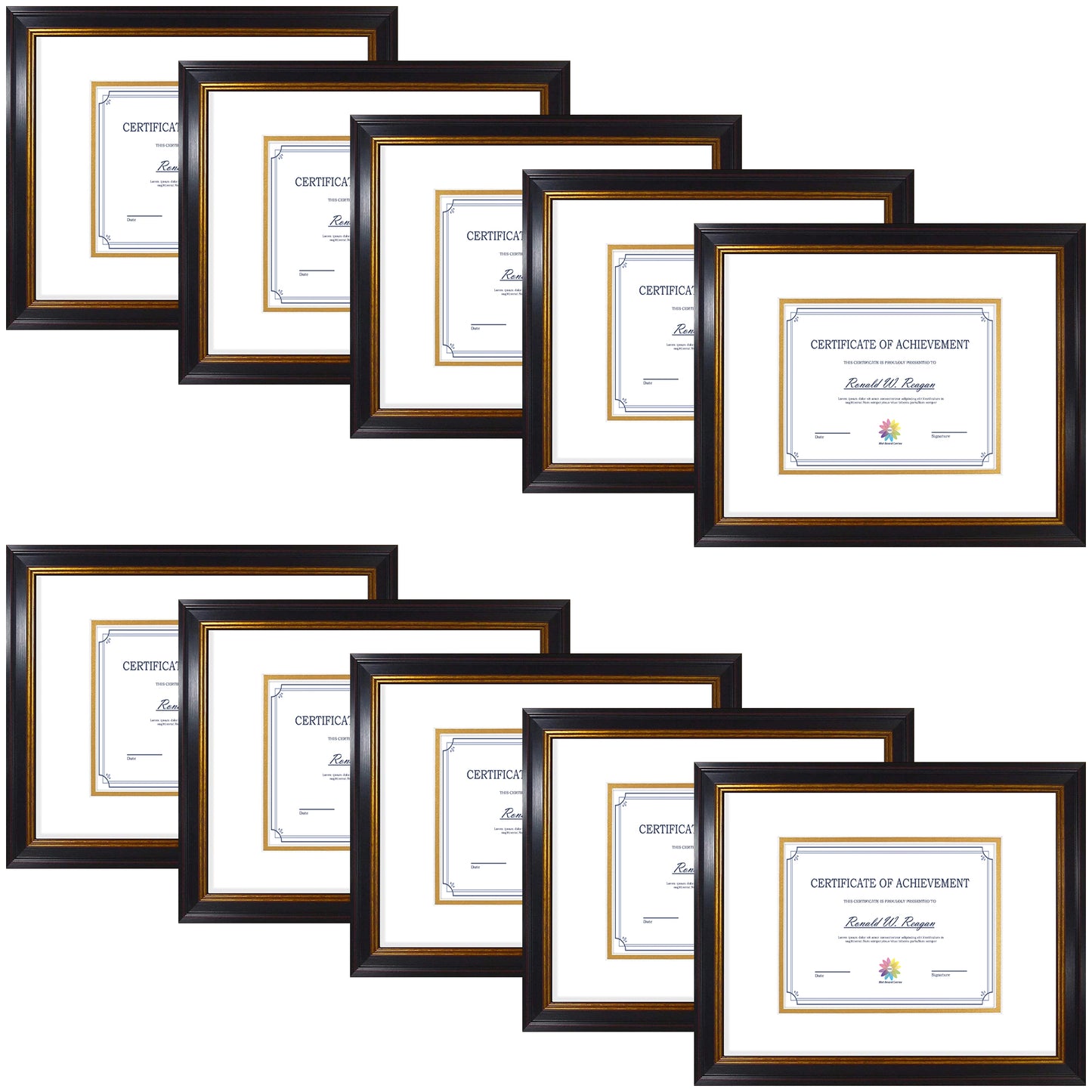 11x14 Diploma Frame for 7x9 Certificate with Double Mat and Real Glass Black Gold & Burgundy Color (10 Pcs per Box) White over Black Mat