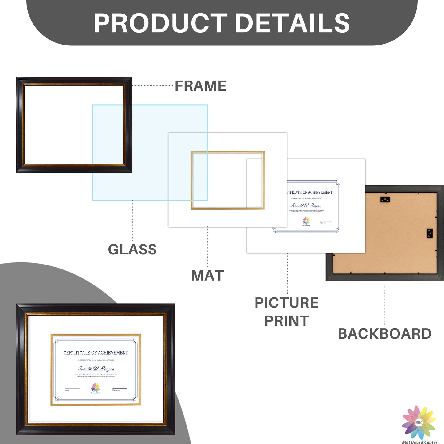 11x14 Diploma Frame for 7x9 Certificate with Double Mat and Real Glass Black Gold & Burgundy Color (10 Pcs per Box)
