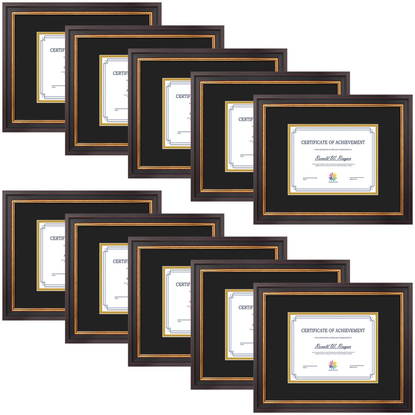 11x14 Diploma Frame for 7x9 Certificate with Double Mat and Real Glass Black Gold & Burgundy Color (10 Pcs per Box) Black Over Gold Mat