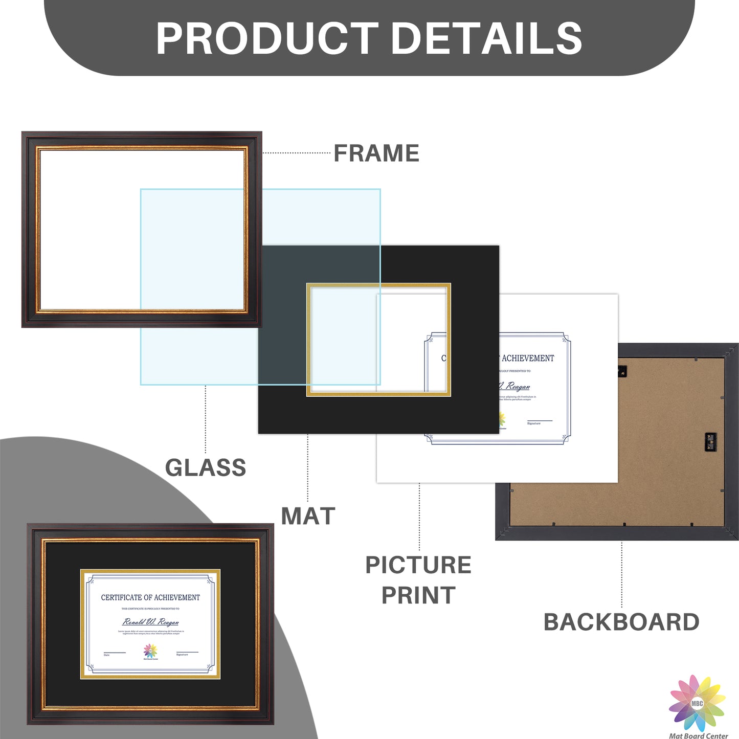 11x14 Diploma Frame for 7x9 Certificate with Double Mat and Real Glass Black Gold & Burgundy Color (10 Pcs per Box)