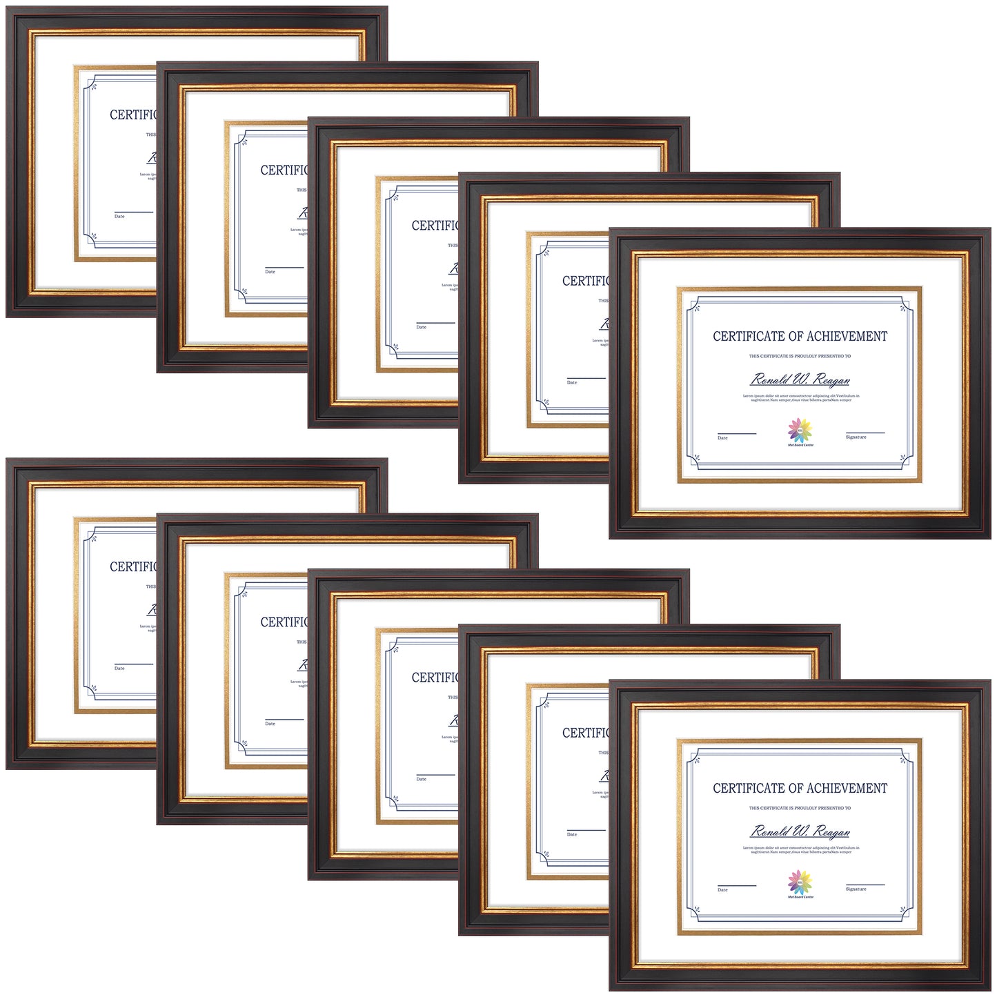 11x14 Diploma Frame for 8x10 Certificate with Double Mat and Real Glass Black Gold & Burgundy Color (10 Pcs per Box) White over Black Mat