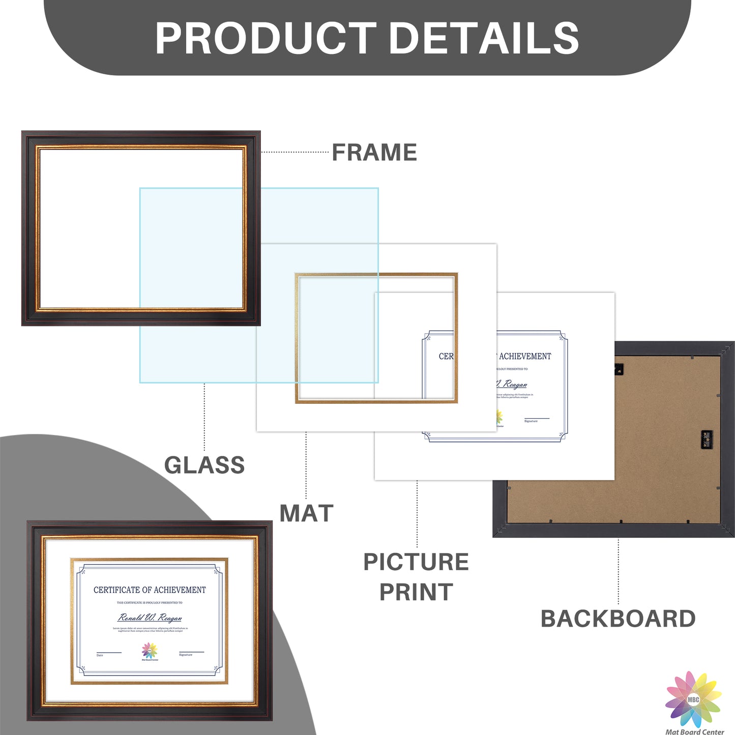 11x14 Diploma Frame for 8x10 Certificate with Double Mat and Real Glass Black Gold & Burgundy Color (10 Pcs per Box)
