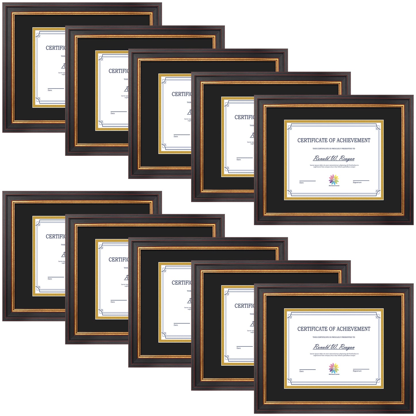 11x14 Diploma Frame for 8x10 Certificate with Double Mat and Real Glass Black Gold & Burgundy Color (10 Pcs per Box) Black over Gold Mat