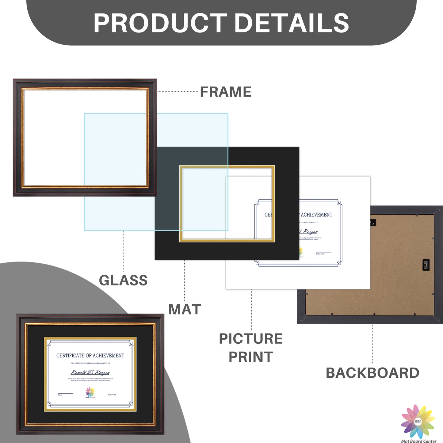 11x14 Diploma Frame for 8x10 Certificate with Double Mat and Real Glass Black Gold & Burgundy Color (10 Pcs per Box)