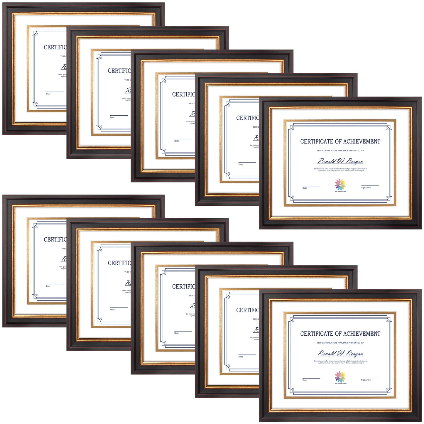 11x14 Diploma Frame for 8.5x11 Certificate with Double Mat and Real Glass Black Gold & Burgundy Color 10 Pack White over Black Mat