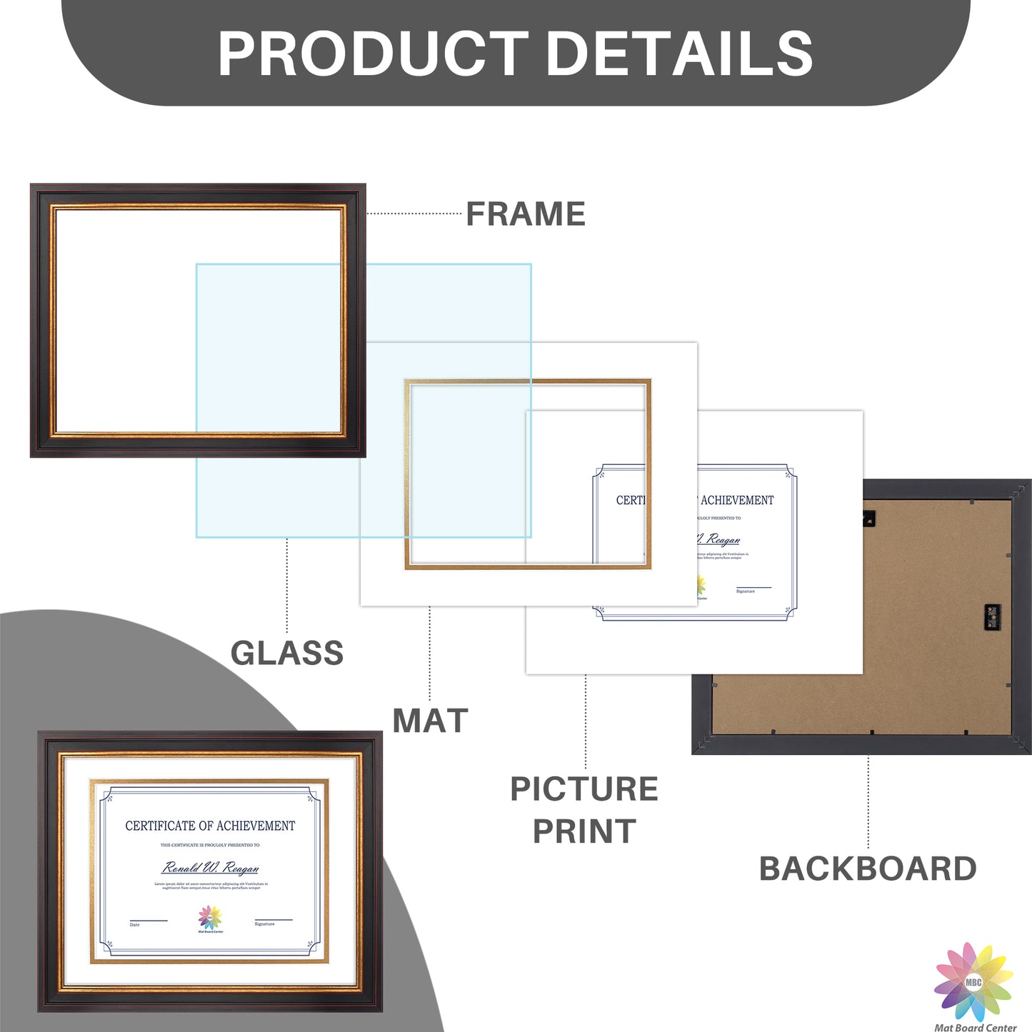 11x14 Diploma Frame for 8.5x11 Certificate with Double Mat and Real Glass Black Gold & Burgundy Color