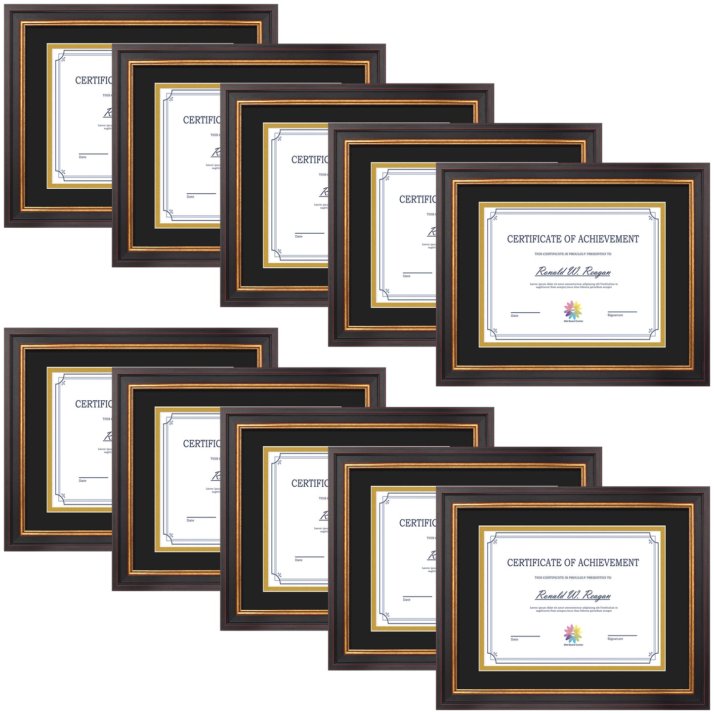 11x14 Diploma Frame for 8.5x11 Certificate with Double Mat and Real Glass Black Gold & Burgundy Color 10 Pack Black Over Gold Mat