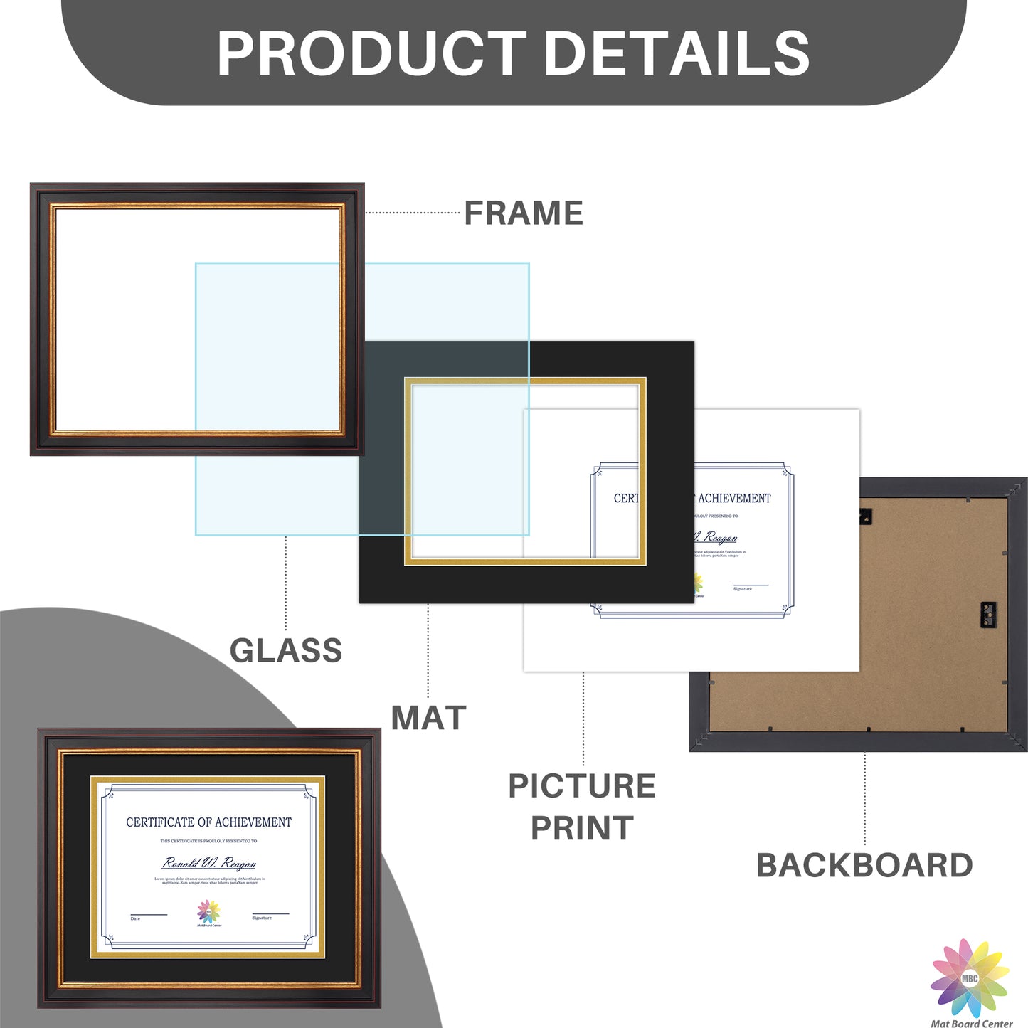 11x14 Diploma Frame for 8.5x11 Certificate with Double Mat and Real Glass Black Gold & Burgundy Color