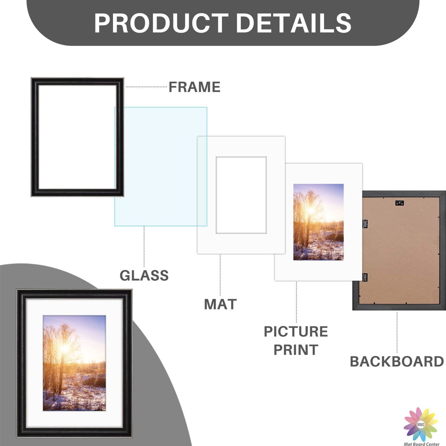12x16 Picture Frame for 8x12 Photo with White Mat Silver Trim Black-Dark Brown Inner Panel (10 Pcs per Box)