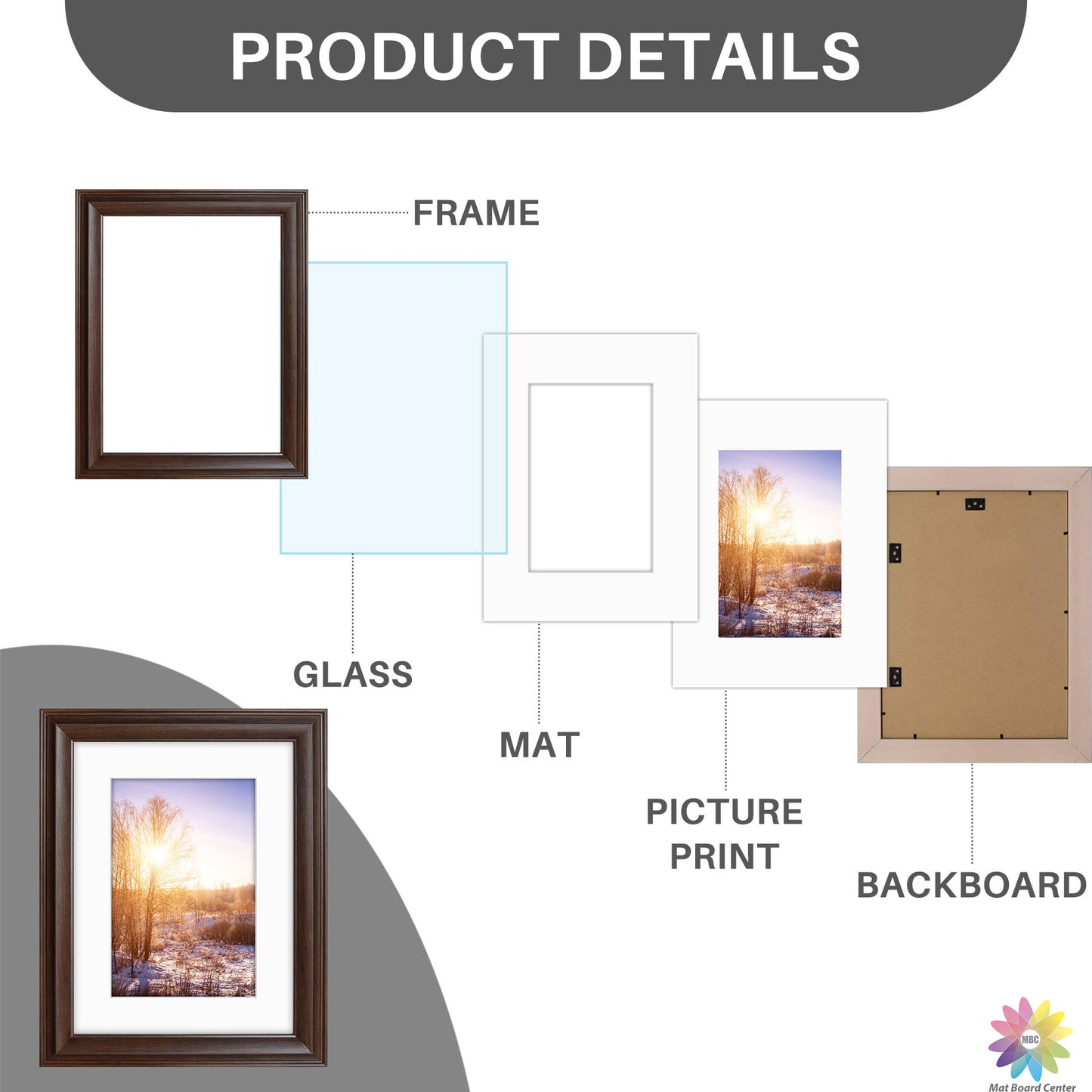12x16 Picture Frame with White Mat for 8x12 Photo Brown Color (8 Pcs per Box)