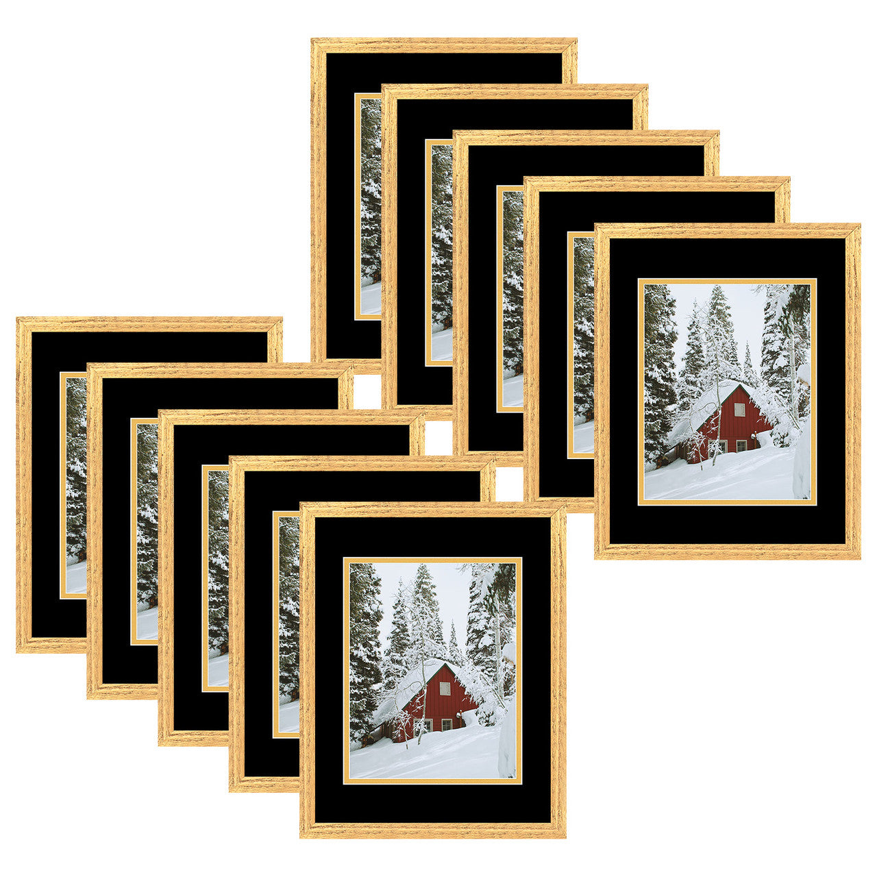 11x14 Wood Frames Display 8x10 Photo With Double Mat and Real Glass (10 Pcs per Box) Gold with Black Over Gold Double Mat