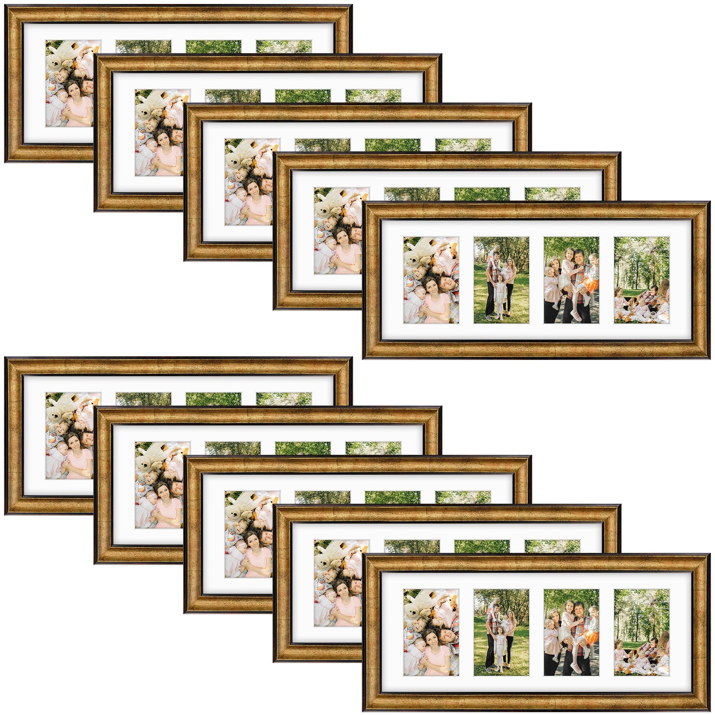 8x20 Collage Picture Frame Displays Four 4x6 Pictures Antique Gold Color (10 Pcs per Box)