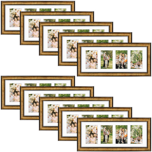 8x20 Collage Picture Frame Displays Four 4x6 Pictures Antique Gold Color (10 Pcs per Box)