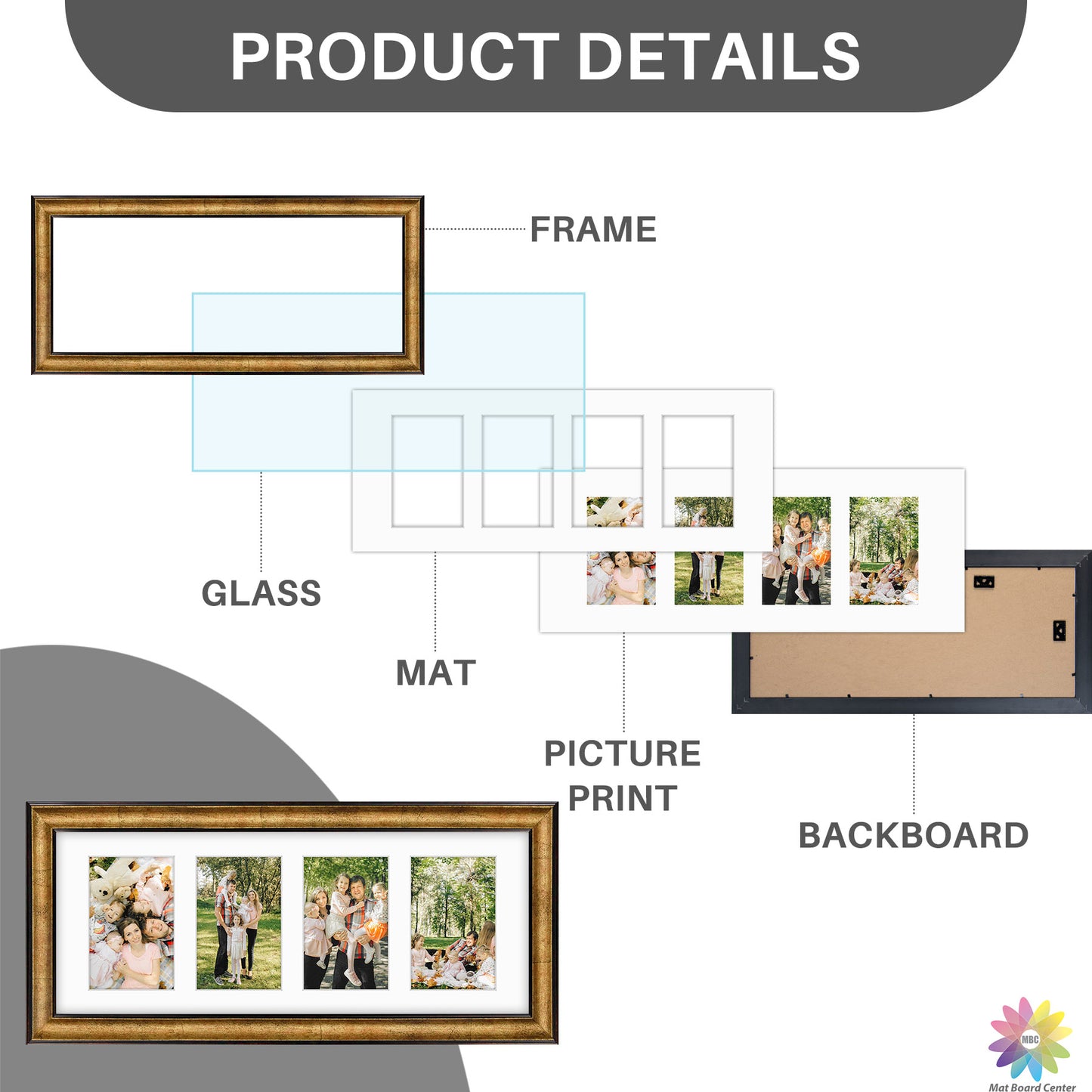 8x20 Collage Picture Frame Displays Four 4x6 Pictures Antique Gold Color (10 Pcs per Box)