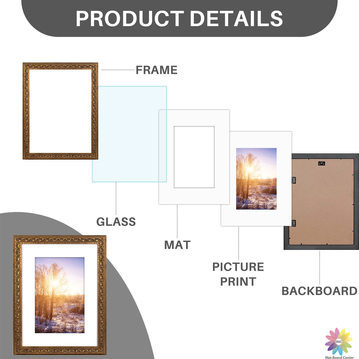 12x16 Ornate Photo Frame with White Mat for 8x12 Photo Bronze Color (10 Pcs per Box)