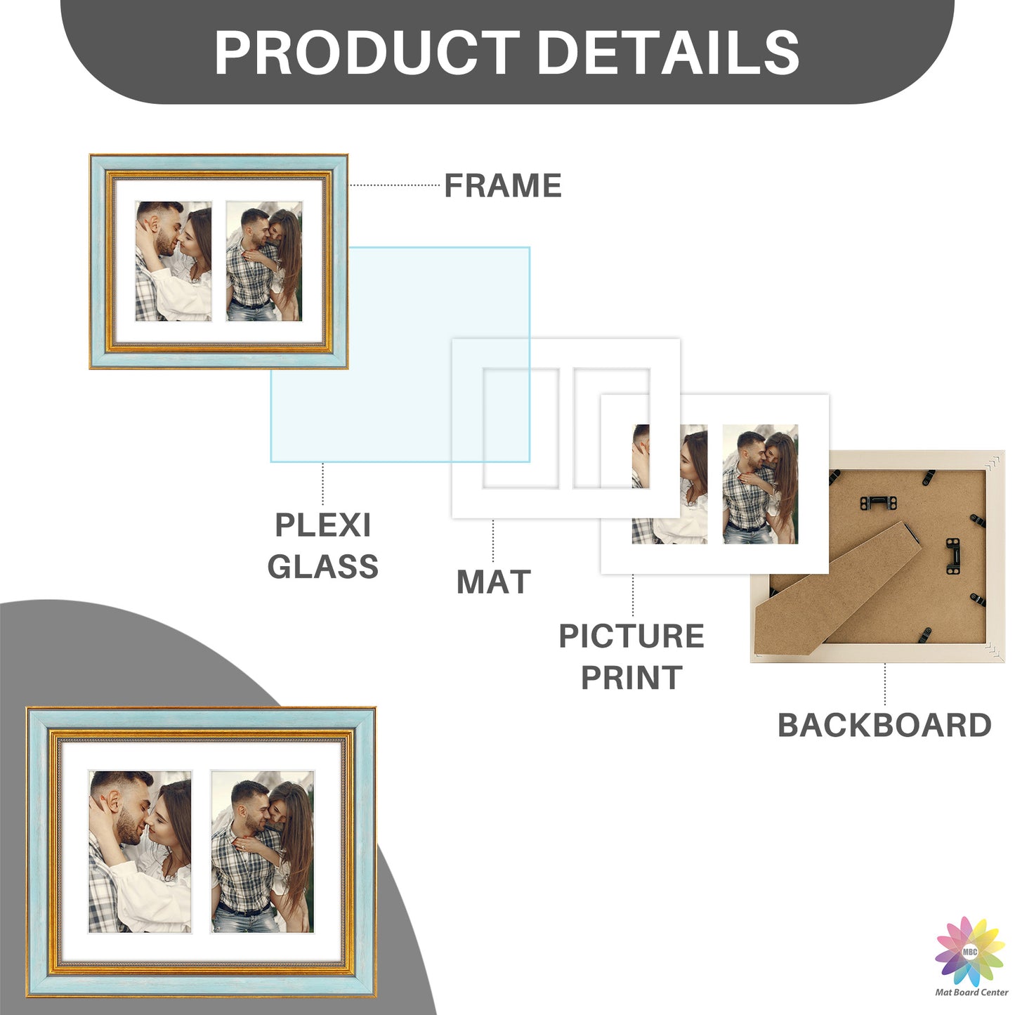 8x10 Collage Picture Frame with White Mat for Two 4x6 Photo Blue Gold(10 Pcs Per Box)