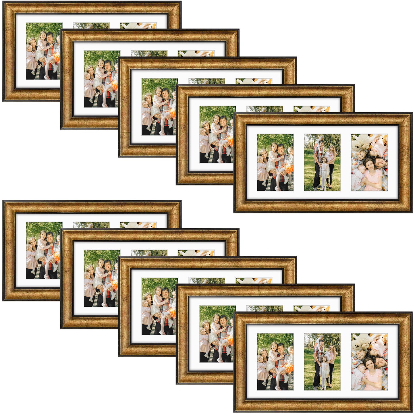 7x14 Collage Picture Frame Displays Three 4x6 Pictures Antique Gold Color (10 Pcs per Box)