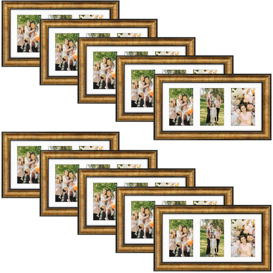 7x14 Collage Picture Frame Displays Three 4x6 Pictures Antique Gold Color (10 Pcs per Box)