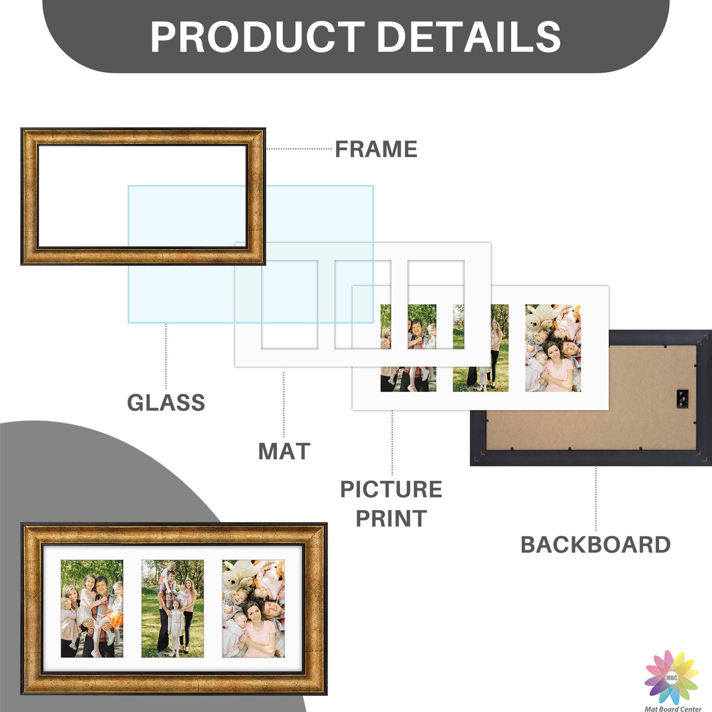 7x14 Collage Picture Frame Displays Three 4x6 Pictures Antique Gold Color (10 Pcs per Box)