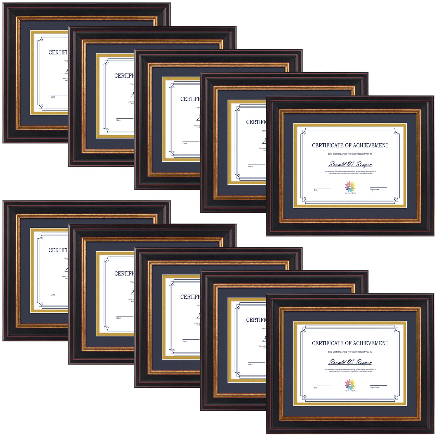 8x10 Diploma Frame for 6x8 with Double Mat and Real Glass Black Gold & Burgundy (10 Pcs per Box) Navy Blue over Gold Mat