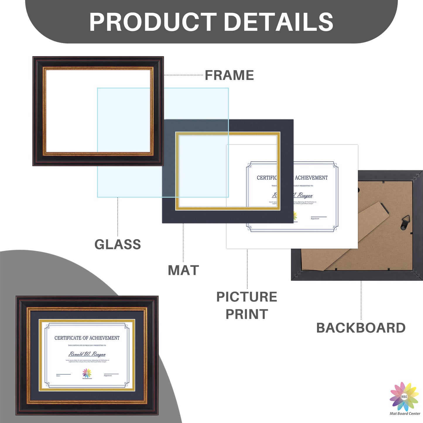 8x10 Diploma Frame for 6x8 with Double Mat and Real Glass Black Gold & Burgundy (10 Pcs per Box)