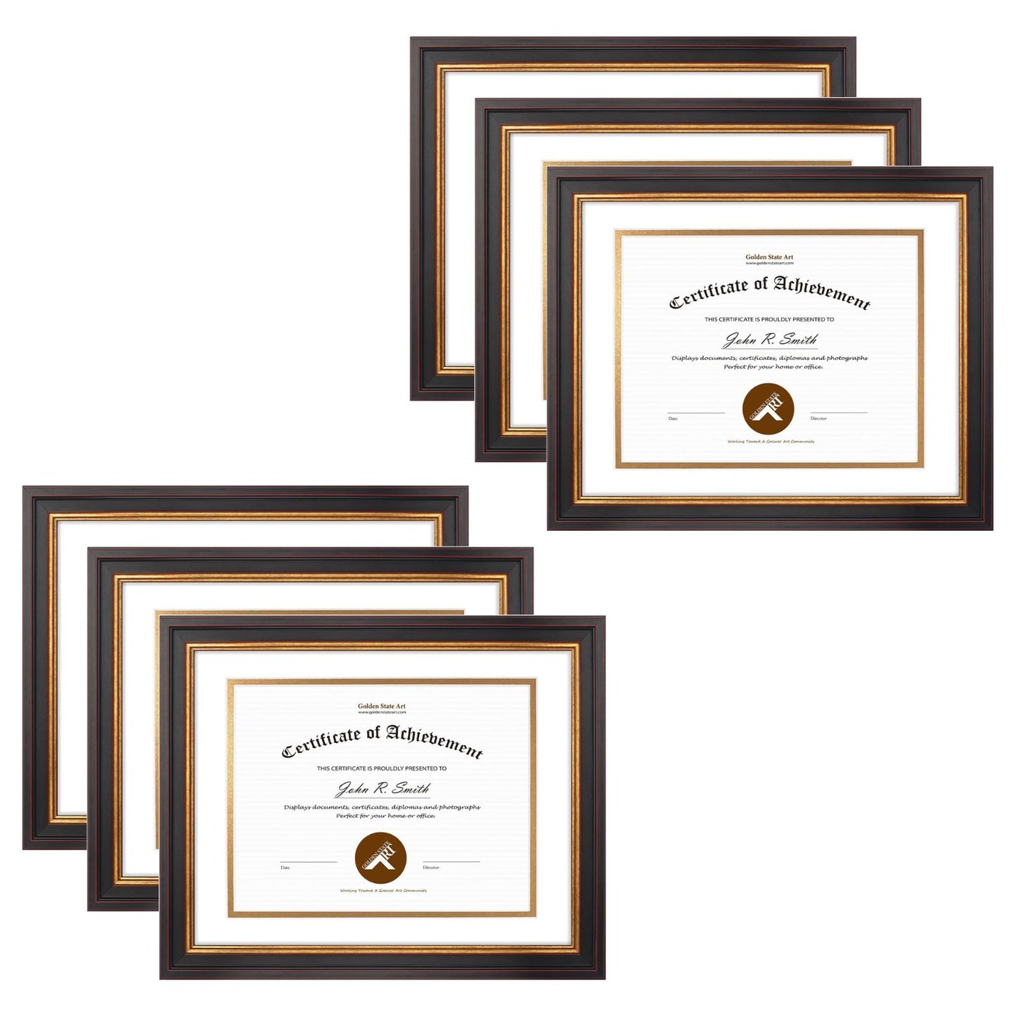 11x14 Diploma Frame for 8.5x11 Certificate with Double Mat and Real Glass Black Gold & Burgundy Color 6 Pack White over Black Mat