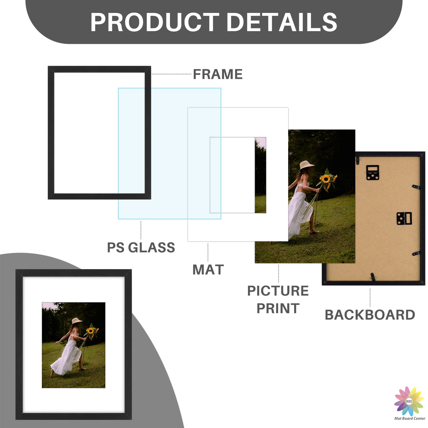 9x12 Picture Frame for 6x8 Photo with White Mat and Plexiglass (16 Pcs per Box)