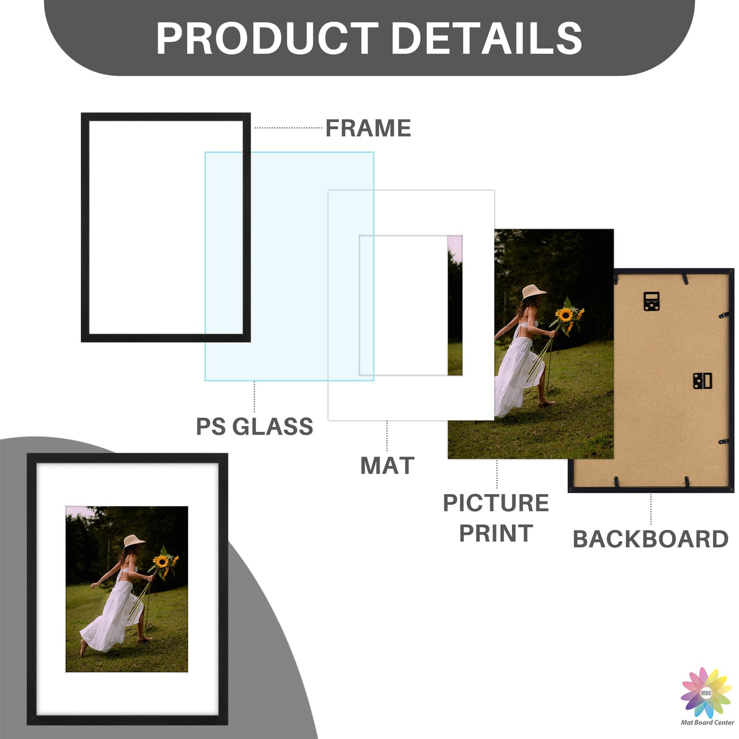 12x16 Picture Frame for 8.5x11 Photo with White Mat and Plexiglass (16 Pcs per Box)