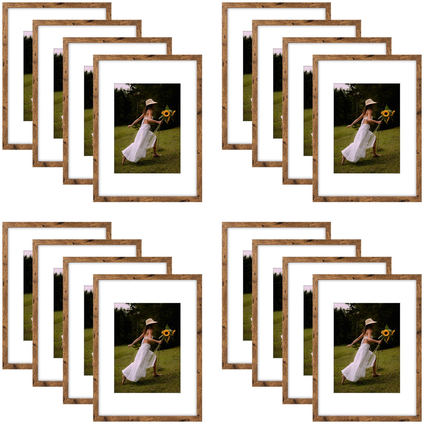 12x16 Brown Picture Frame for 8.5x11 Photo with White Mat and Plexiglass (16 Pcs per Box)