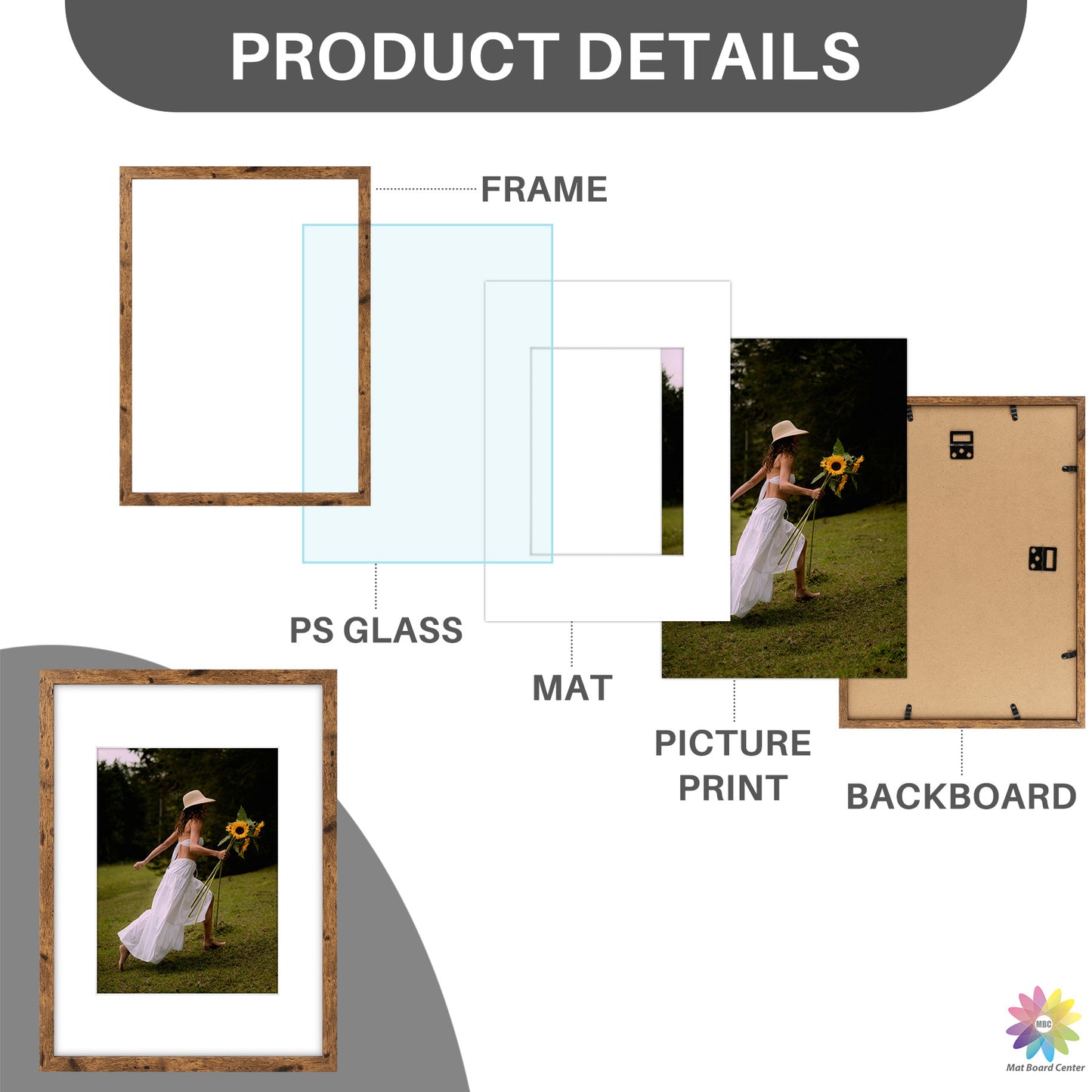 12x16 Brown Picture Frame for 8.5x11 Photo with White Mat and Plexiglass (16 Pcs per Box)