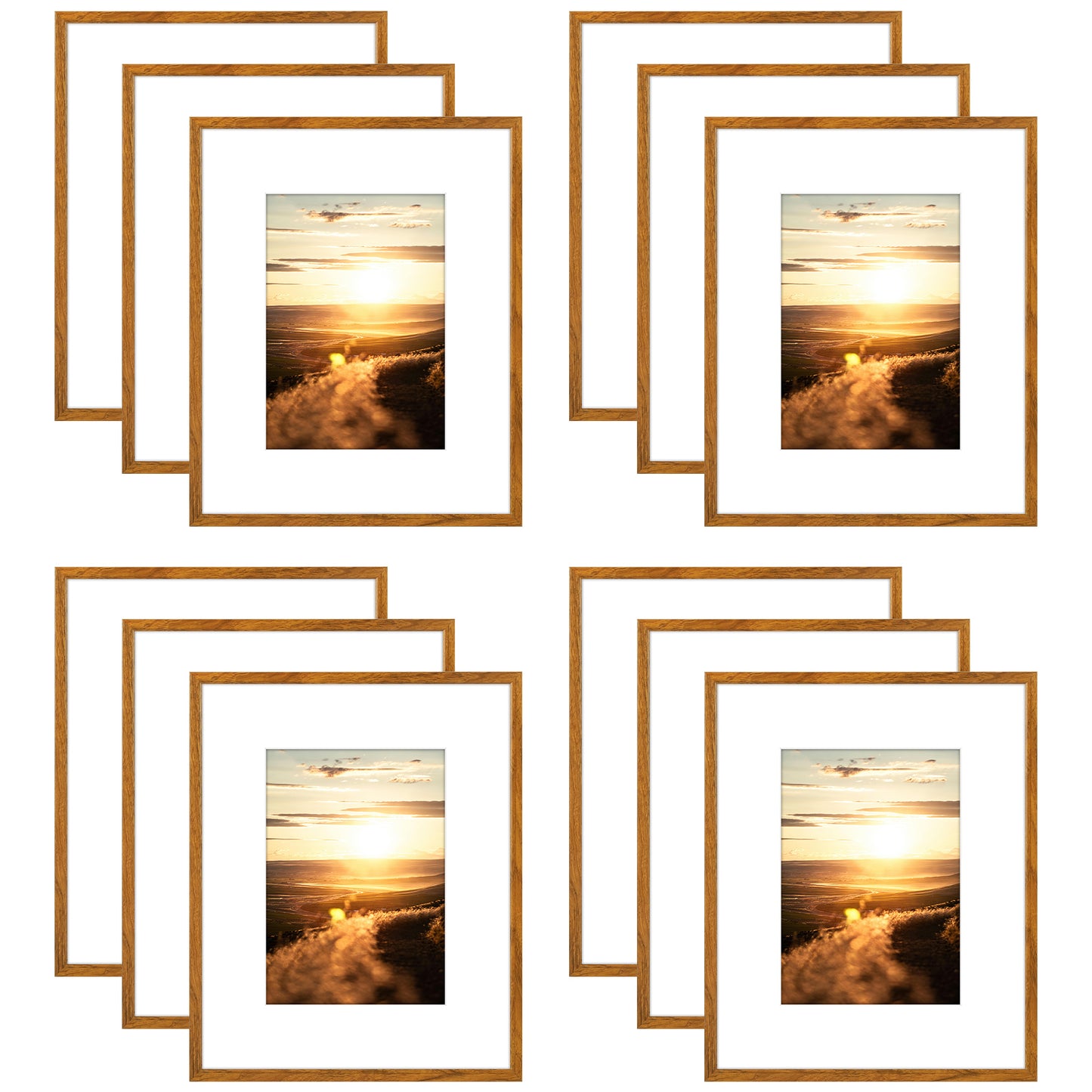 Clearance 8x10 Aluminum Picture Frames with White Mat for 5x7 Photo (12 Pcs Per Box) Oak