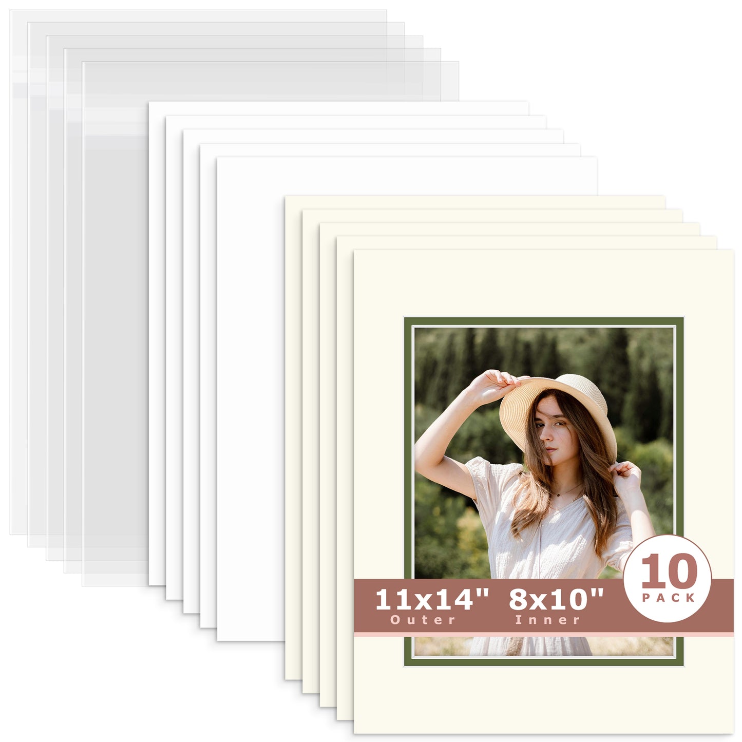 10 Pack 11x14 Ivory Turret Over Green Double Mat For 8x10 Photos + Backing + Bag