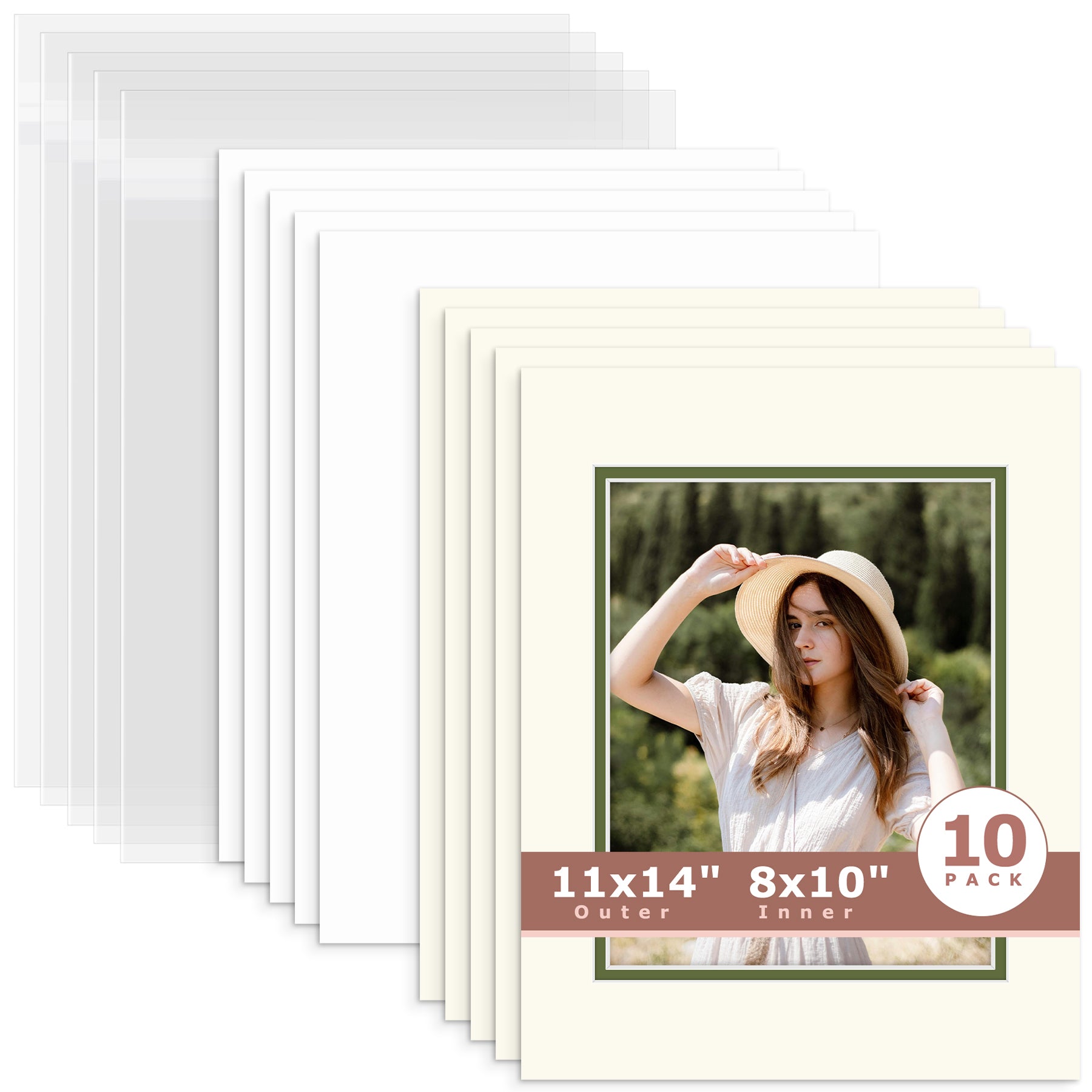 10 Pack 11x14 Ivory Turret Over Green Double Mat For 8x10 Photos + Backing + Bag