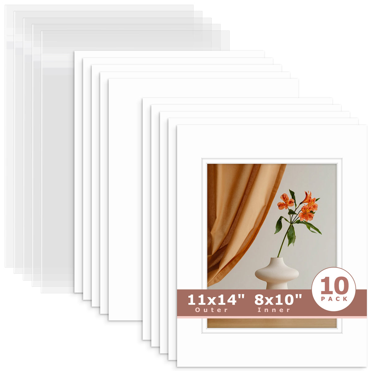 10 Pack 11x14 Double Mat For 8x10 Photos + Backing + Bag White White