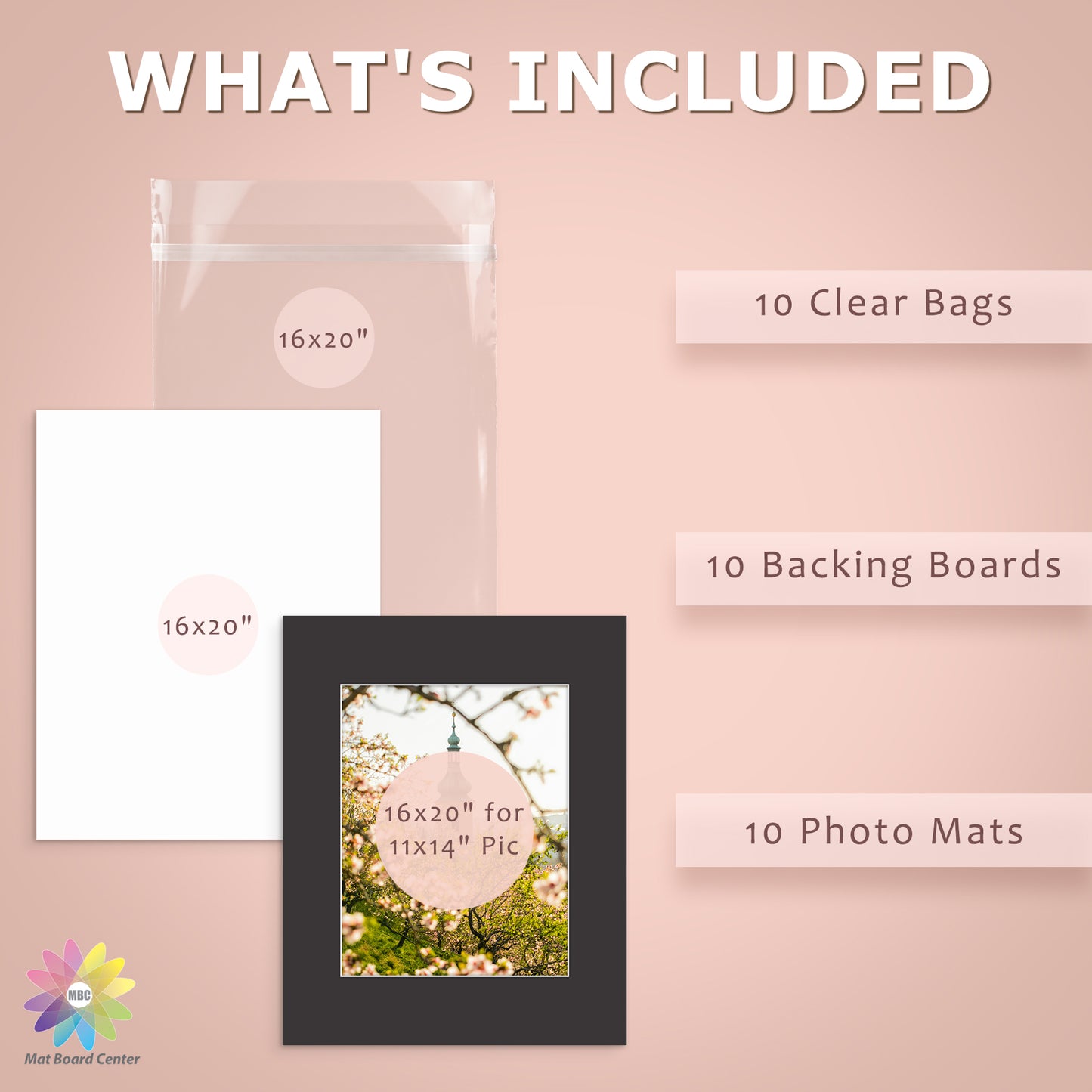 10 Pack 16x20 Whitecore Economy Pre-Cut Mat for 11x14 Photo+ Backing + Bag