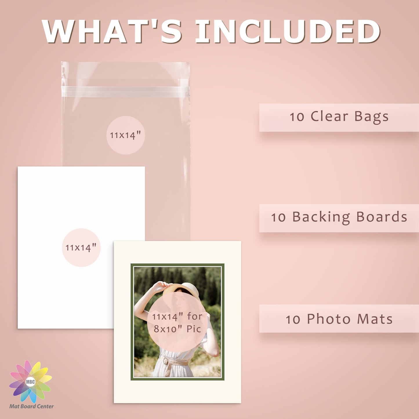 10 Pack 11x14 Ivory Turret Over Green Double Mat For 8x10 Photos + Backing + Bag