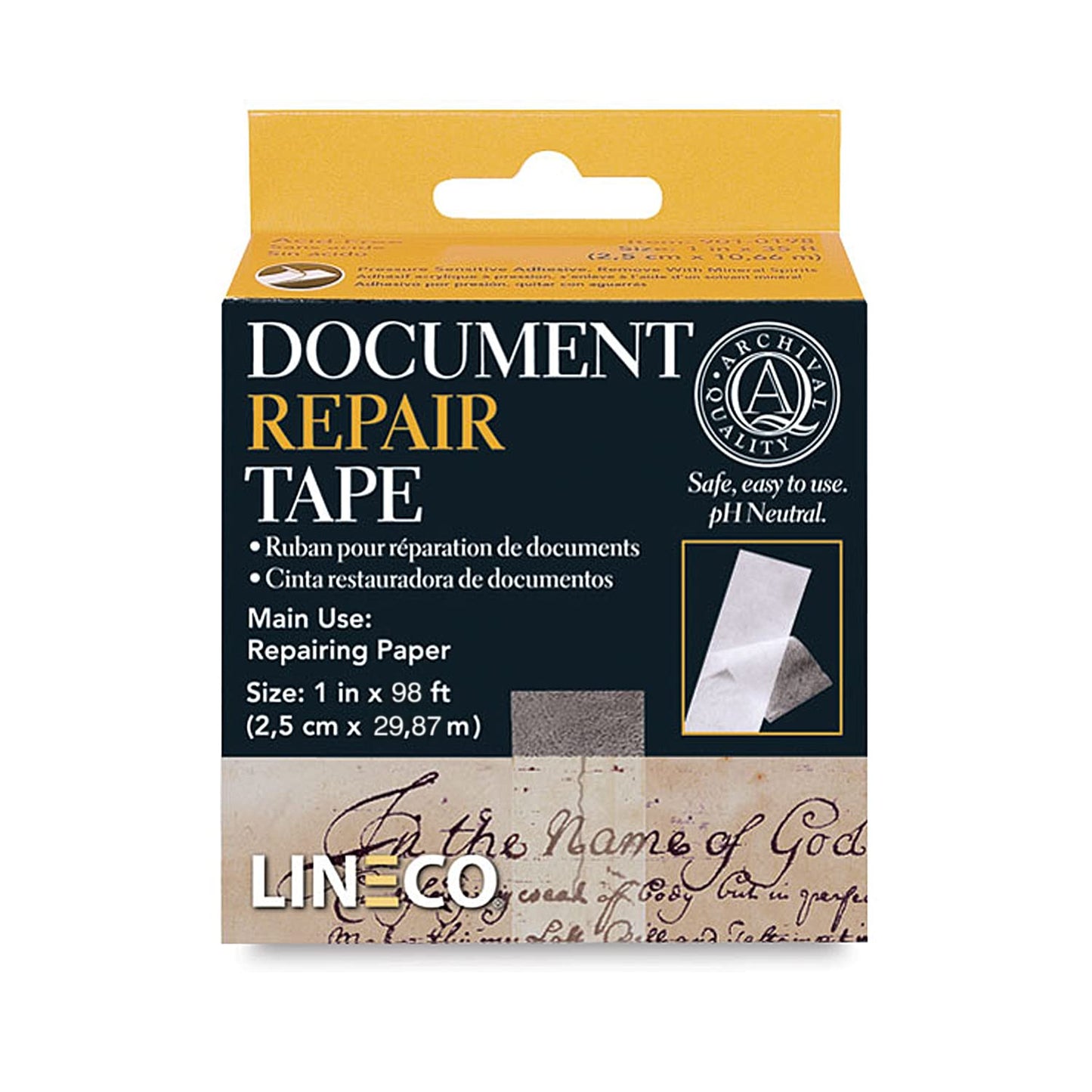 Lineco, Self Adhesive, Document Repair Tape with Neutral pH. Transparent Pressure Sensitive. Non-Yellowing and Removable with Solvents. 1 in. x 98 ft.