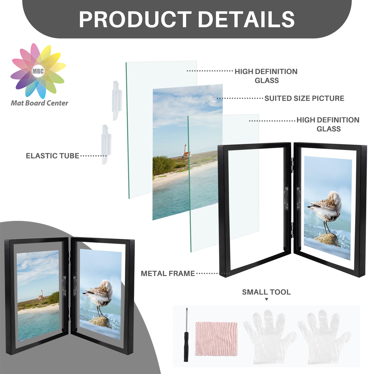 5x7 Floating Frame, Double Hinged Metal Frame Displays Any Size Photo up to 5 by 7 (12 Pcs Per Box)