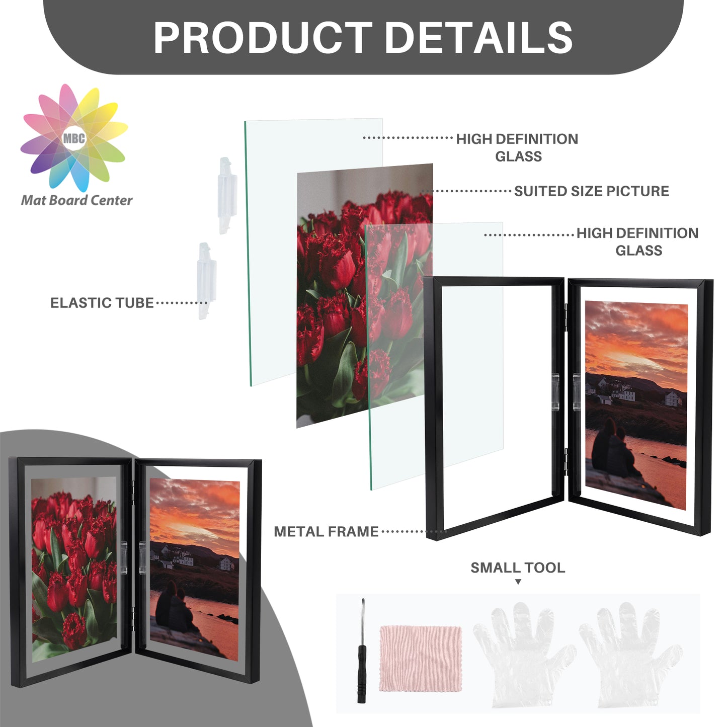 6x8 Floating Frame, Double Hinged Metal Frame Displays Any Size Photo up to 6 by 8 (12 Pcs Per Box)