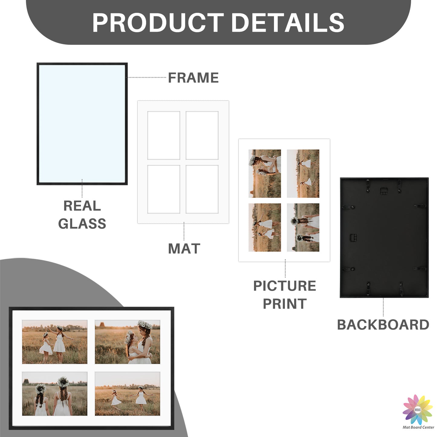 Clearance 12x16 Collage Picture Frame With 4 Openings for 5x7 Photo with White Mat and Real Glass (6 Pcs Per Box)