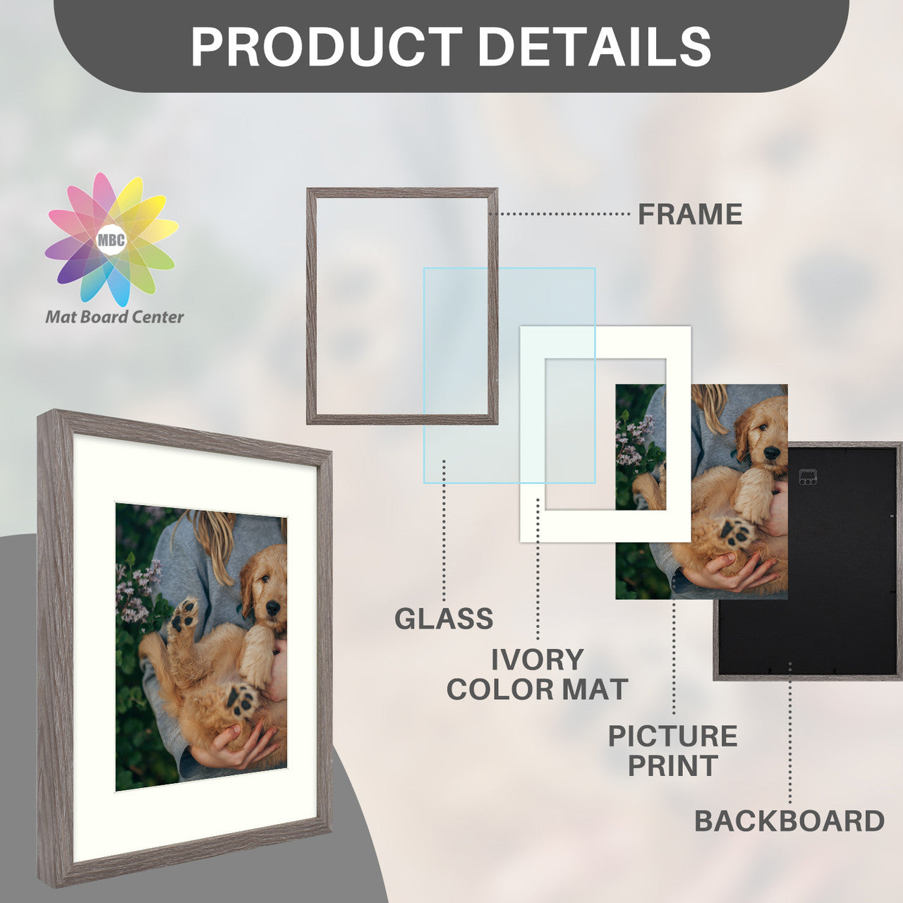 Pack of 8, 11x14 Grey Picture/Shadowbox Frame for 8x10 Photo with Ivory Mat and Real Glass