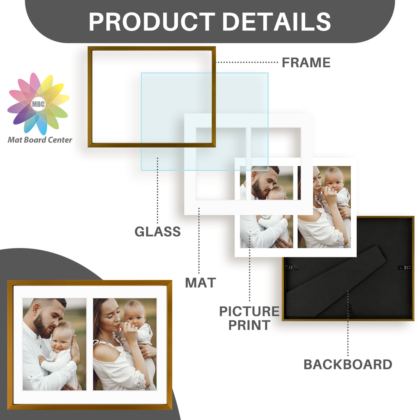 Clearance 8.5x11 Collage Picture Frame With 2 Openings for 5x7 Photo with White Mat and Real Glass (12 Pcs Per Box)